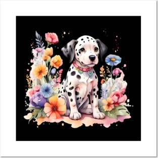 A baby dalmatian decorated with beautiful watercolor flowers Posters and Art